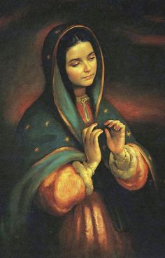 an oil painting of a woman in a blue and gold outfit holding a small item