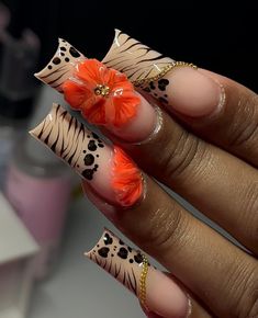 Leopard Nails Designs, Tiger Print Nails, Animal Print Nail Designs, Hippie Nails, Colored Acrylic Nails, Classy Acrylic Nails, Animal Print Nails