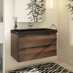 a bathroom with a sink, mirror and plants