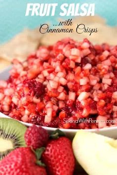 fruit salsa with cinnamon crispes in a white bowl