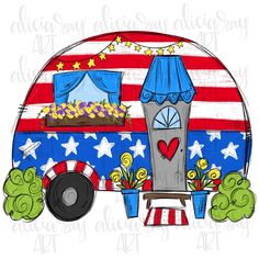 a drawing of an american camper with flowers on the front and stars in the back