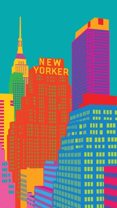 the new york city skyline is depicted in this pop - art style poster, which features skyscrapers and neon colors