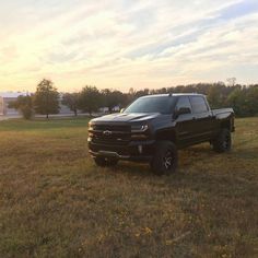 a black truck parked on top of a grass covered field