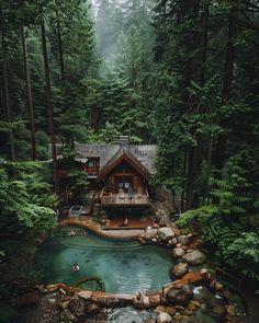 a house in the middle of a forest with a pool and hot tub next to it