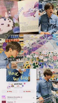 two young men shopping in a store with flowers and butterflies on the wall behind them