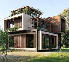 a modern house with wooden slats on the roof