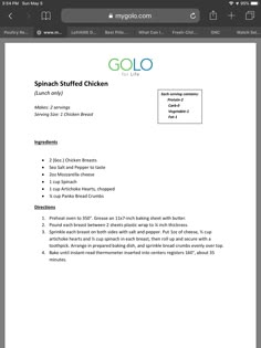 the menu for golo's spaghetti stuffed chicken, which is on display in an ipad