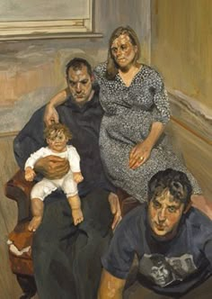 a painting of three people sitting on a couch with a baby in their lap and an adult standing next to them