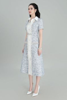 Yuki A-line Short Sleeved Tweed Midi Dress | MEAN BLVD Formal Tweed Midi Dress, Chic Knee-length Tweed Midi Dress, Knee-length Tweed Midi Dress For Work, Spring Formal Midi-length Tweed Dress, Tweed Midi Dress For Workwear, Elegant White Tweed Midi Dress, Elegant White Midi Length Tweed Dress, Elegant Spring Tweed Midi Dress, Elegant Summer Tweed Dress