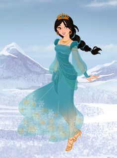 snow princess in blue dress with mountains in the backgroung and sky behind her