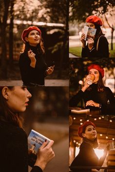 the woman is wearing a red hat and holding a book in her hands while she looks up