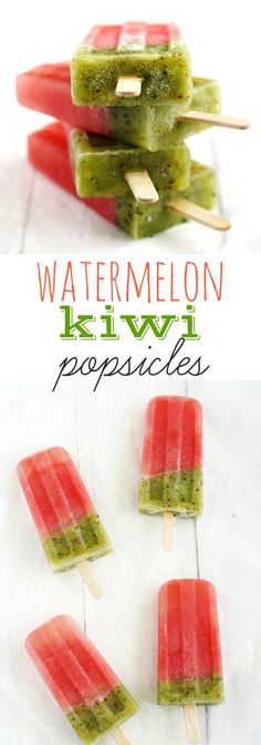 watermelon kiwi popsicles on a white plate with text overlay that says watermelon kiwi popsicles