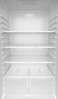 an empty refrigerator is shown with the door open and shelves still in place for food