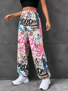 SHEIN Coolane Graffiti Print Elastic Waist Joggers | SHEIN UK Graffiti Prints, Printed Joggers, Printed Trousers, Printed Jeans, Trouser Style, Women Pants Casual, Mode Inspiration, Stylish Fashion, High Waisted Pants