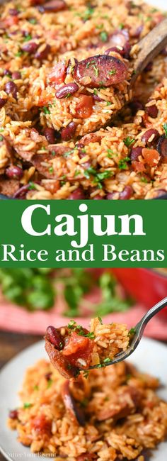 a spoon full of rice and beans with the words cajun rice and beans