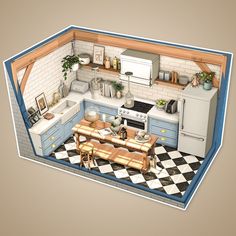 an image of a kitchen with blue cabinets and black and white checkered flooring