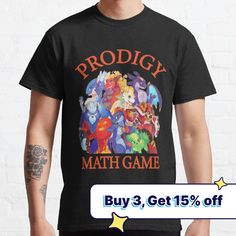 a man wearing a black shirt with the words prodigy math game on it