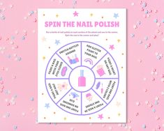 a spin the nail polish poster on a pink background with stars and confetti