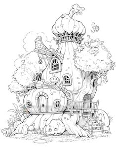 a drawing of a tree house in the woods