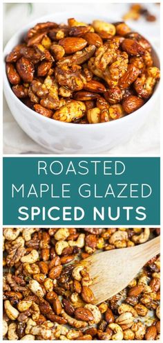 roasted maple glazed spiced nuts in a white bowl