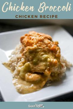 chicken broccoli and rice casserole on a white plate with text overlay