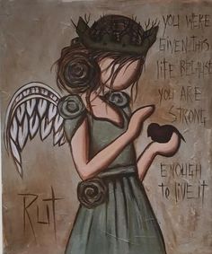 a painting of a girl holding an apple with wings on her head and the words rtt written below it