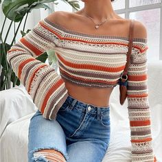 *Brand New* Color Block Striped Loose Off Shoulder Hollow Out Women's Long Sleeve Sweater Never Worn Size: Large Crochet Sleeves, Shein Sweater, Delicate Crochet, Off The Shoulder Sweater, Crochet Shirt, Crochet Skirt, Crochet Top Pattern, Top Sweater, Crop Top Sweater