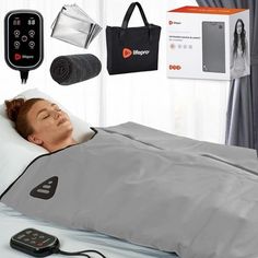 an image of a woman laying in bed with her head on the pillow and other items