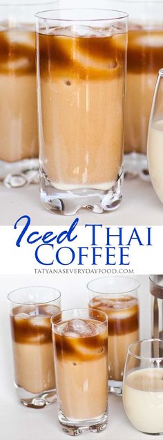 several glasses filled with different types of desserts next to the words need thai coffee