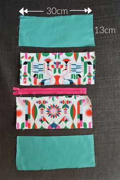 three pieces of fabric with different patterns on them, one is green and the other is pink