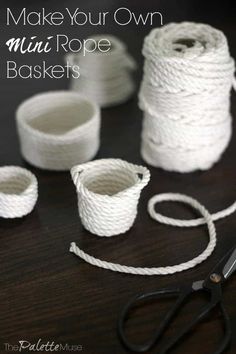 some twine and scissors on a table with the words make your own mini rope baskets