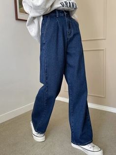 Wide Leg Denim Pants Outfit, Navy Pants Outfit, Dark Blue Jeans Outfit, Blue Denim Jeans Outfit, Blue Pants Outfit, Denim Pants Outfit, Women High Waist Pants, Denim Jeans Outfit, Dark Blue Pants