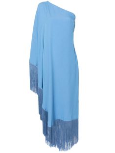 ocean blue crepe texture one-shoulder concealed side zip fastening single long batwing sleeve shift style asymmetric fringed edge mid-length unlined Taller Marmo, Blue Crafts, Women Long Dresses, Mid Length Dresses, Blue Midi Dress, Shoulder Design, Crepe Fabric, Ocean Blue, Batwing Sleeve