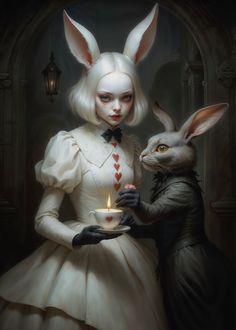 a painting of a woman holding a teacup with two rabbits on it