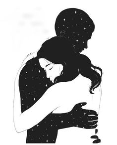 the silhouette of a man and woman embracing each other with stars in the sky behind them