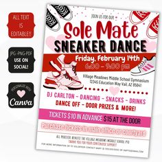 a flyer for sole mate sneaker dance with pink and red shoes on the front