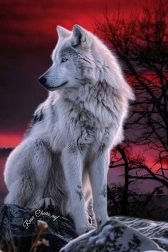 a white wolf sitting on top of a rock in front of a red and black sky