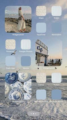 an image of the beach with blue and white paint samples in different sizes, shapes and colors