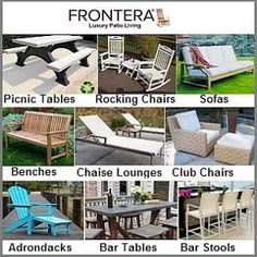 various types of patio furniture including chairs, tables and benches with text describing the names