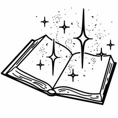 an open book with stars coming out of it, and the pages are black and white