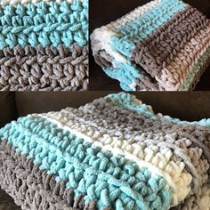 three photos of the same blanket, one with blue and white crochet on it