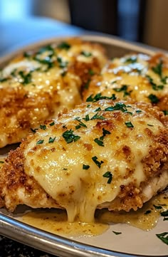 two pieces of chicken parmesan sitting on top of a white and silver plate