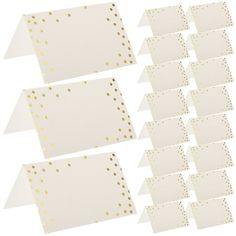 white and gold place cards with polka dots on the edges, set of 10 pieces