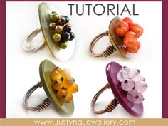 four different rings with flowers on them and the words justynjewellery