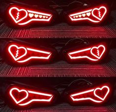 four different images of the front and rear lights of a car with hearts on them