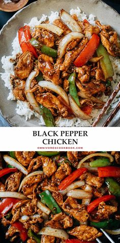 black pepper chicken with peppers and onions served on rice