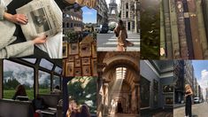 a collage of photos with people and buildings in the background, including a woman reading a newspaper