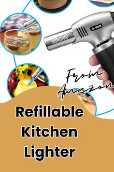 a hand holding an electric tool with pictures of food and drinks around it in the background