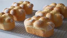 several loaves of bread sitting on a cooling rack