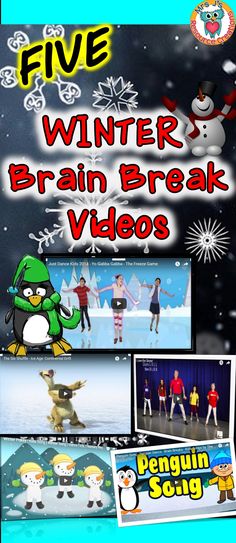 five winter brain break videos with penguins and snowflakes in the background, including penguin song